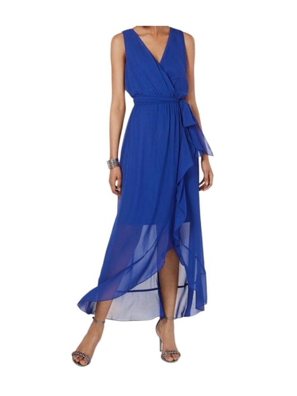 SLNY Womens Sleeveless Surplice V-Neck Lined Hi Lo Maxi Dress~Size 16~Blue L5 20